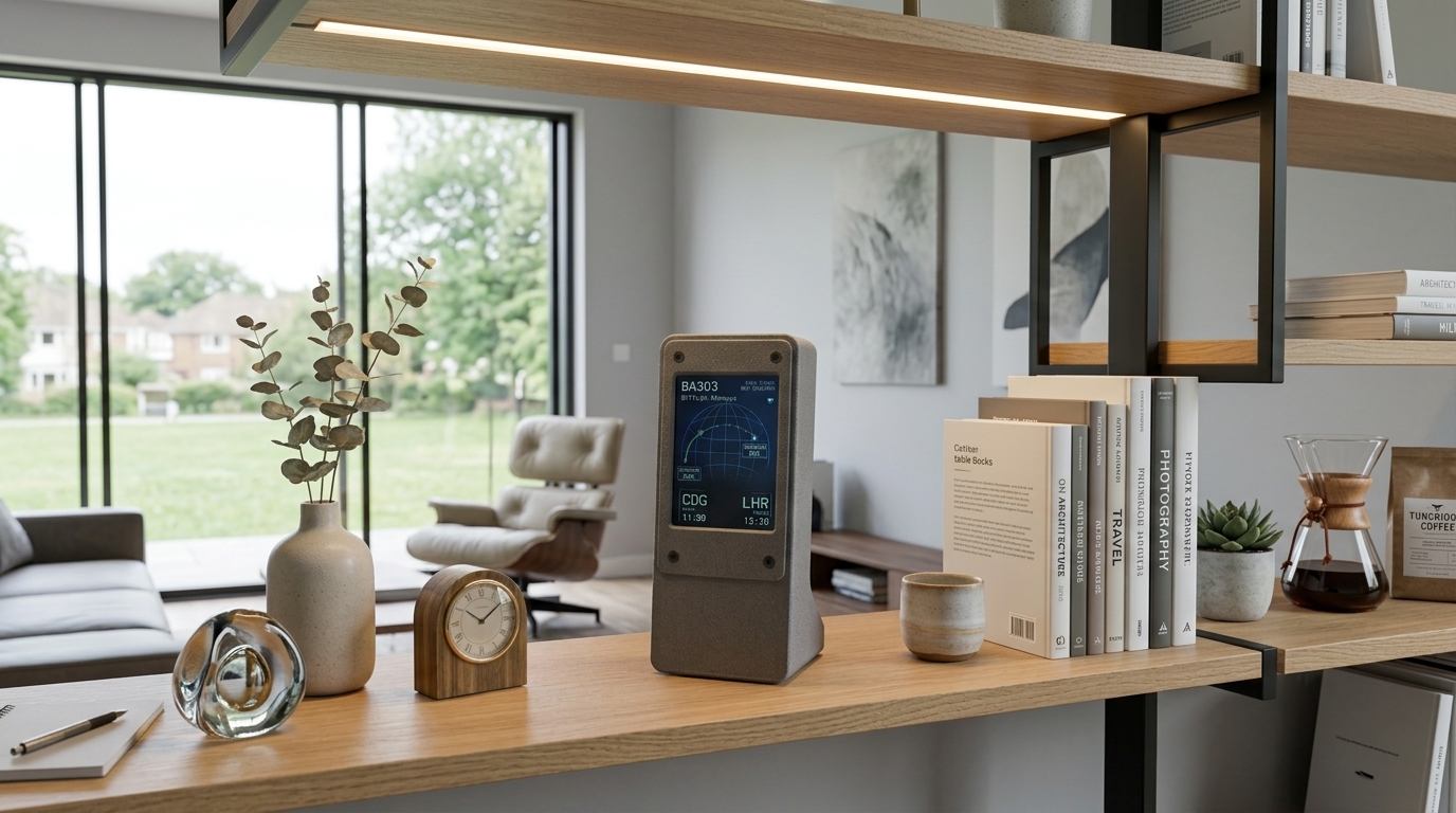 Flight Tracker on sunlit room shelf